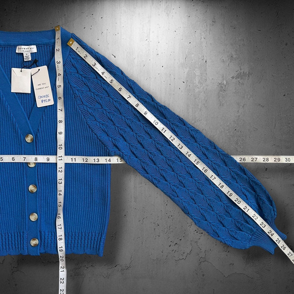 New Current Air Chunky Cable Knit Cardigan Sweater S Blue LS Ribbed Button Up - Picture 7 of 7